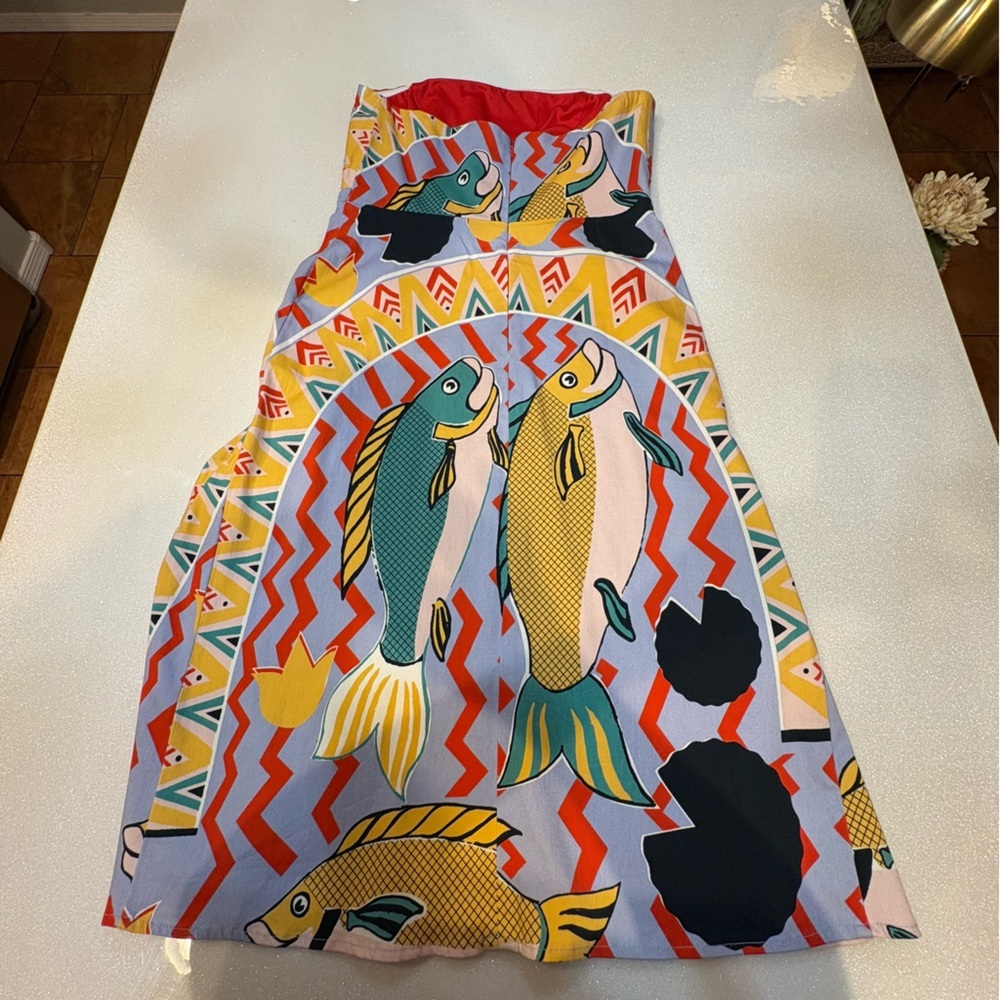 Eva Franco Dress Strapless Bold Fish Print Art To Wear Yellow Blue Black Pink - Picture 10 of 15